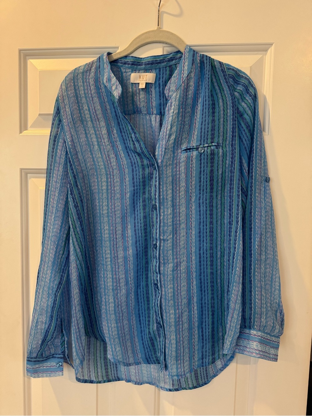 Kut from the Kloth Blue and Teal Striped Button-Up Blouse
